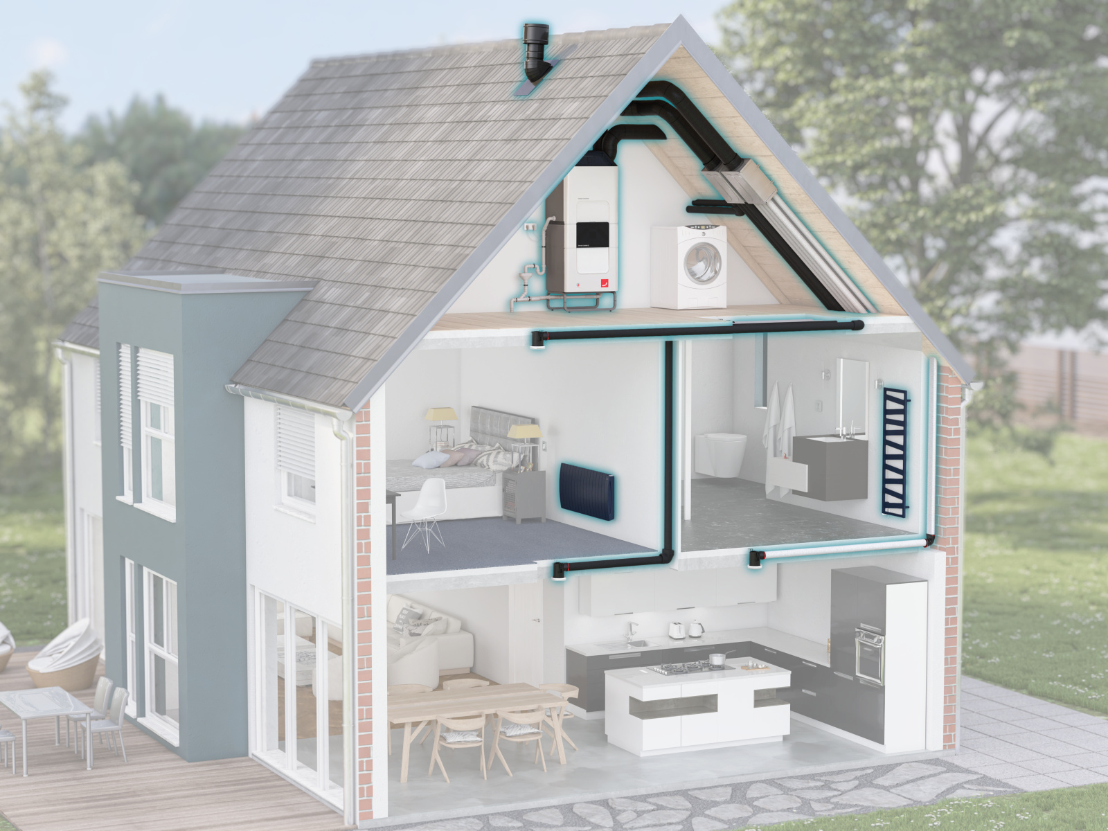 Comfo Air Q and Comfo Clime, Building installation, Visible air distribution, Cut-open building, Exterior, Single-family house,,CA Q,