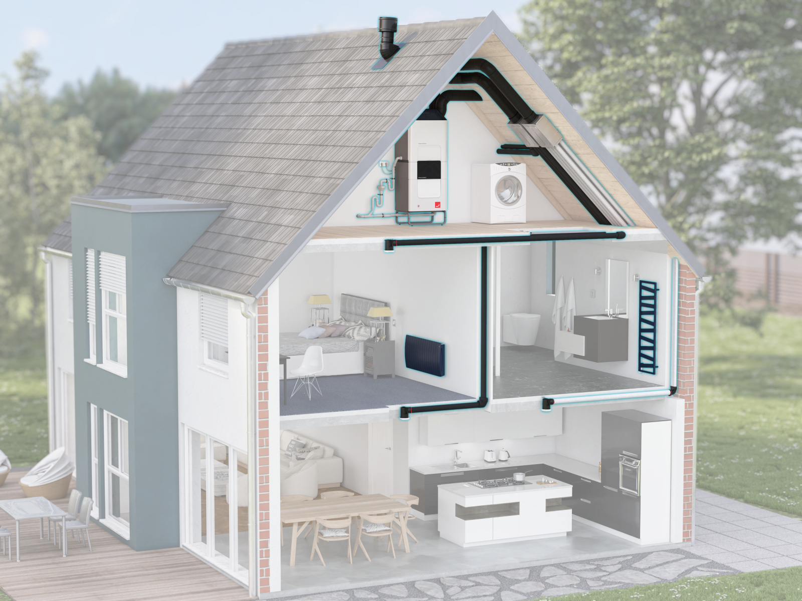 Comfo Air Q and Comfo Clime, Building installation, Visible air distribution, Cut-open building, Exterior, Single-family house,,CA Q,