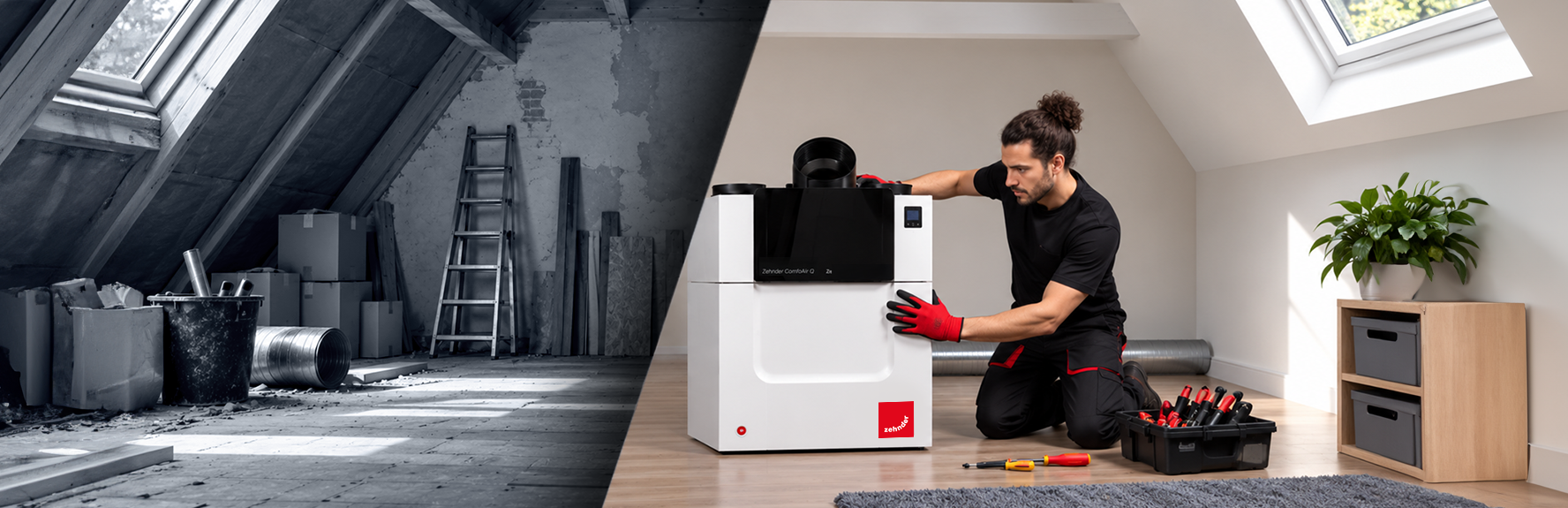 Pasos para preparar la reforma de una vivienda Antes y después de la reforma: instalación de la unidad de ventilación Zehnder ComfoAir Q en un ático reformado