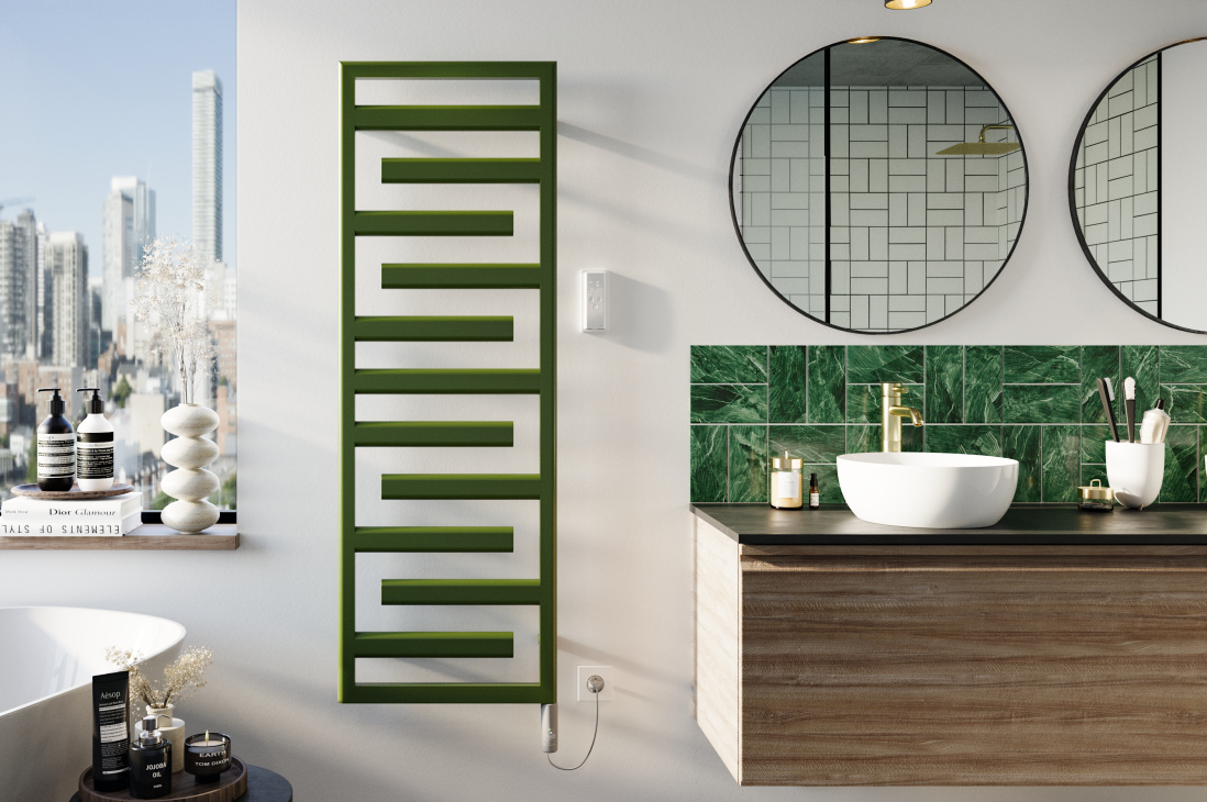 Zehnder_RAD_Tetris-EL_IHC_150-50_Olivegreen_bathroom_City Rendering Zehnder Tetris Decorative radiator Front view