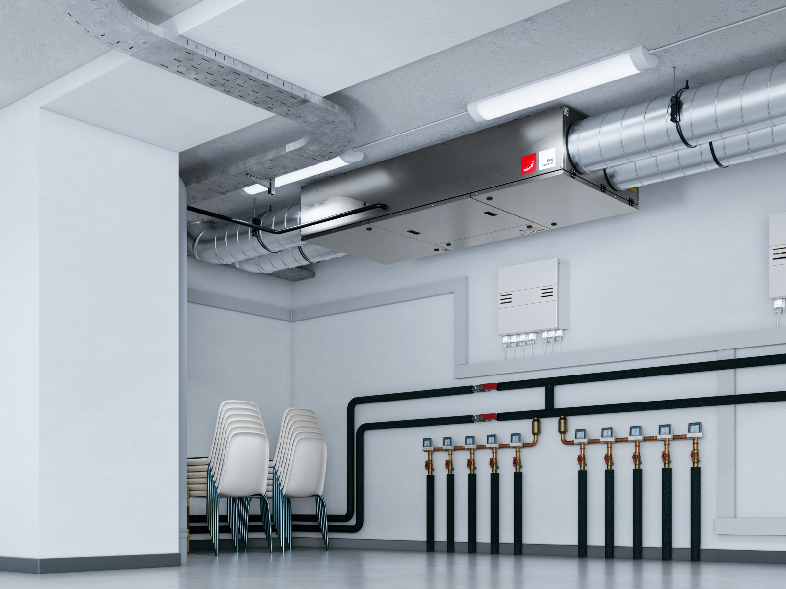 Unidad de ventilación centralizada Zehnder Flatpower. Rendering Zehnder Flatpower Comfortable indoor ventilation Bottom view