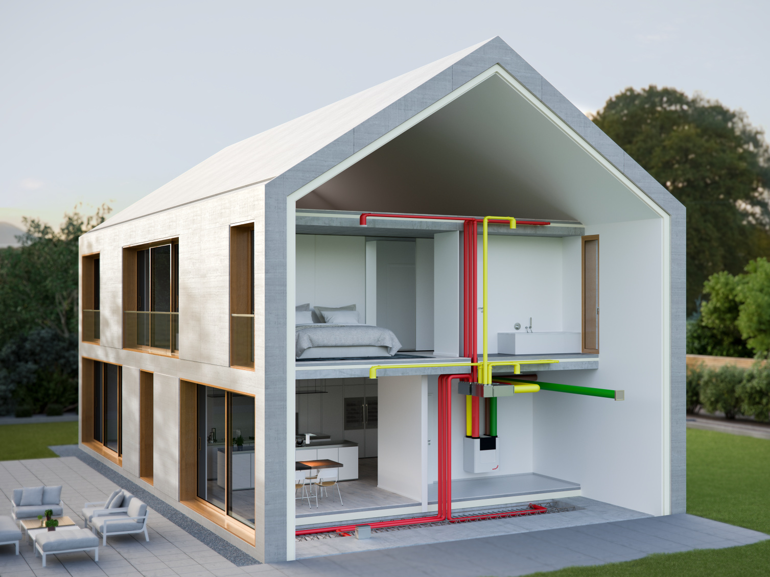 Sistema integrado de climatización interior Maqueta de una vivienda en la que se muestran los sistemas integrados de calefacción, refrigeración y ventilación