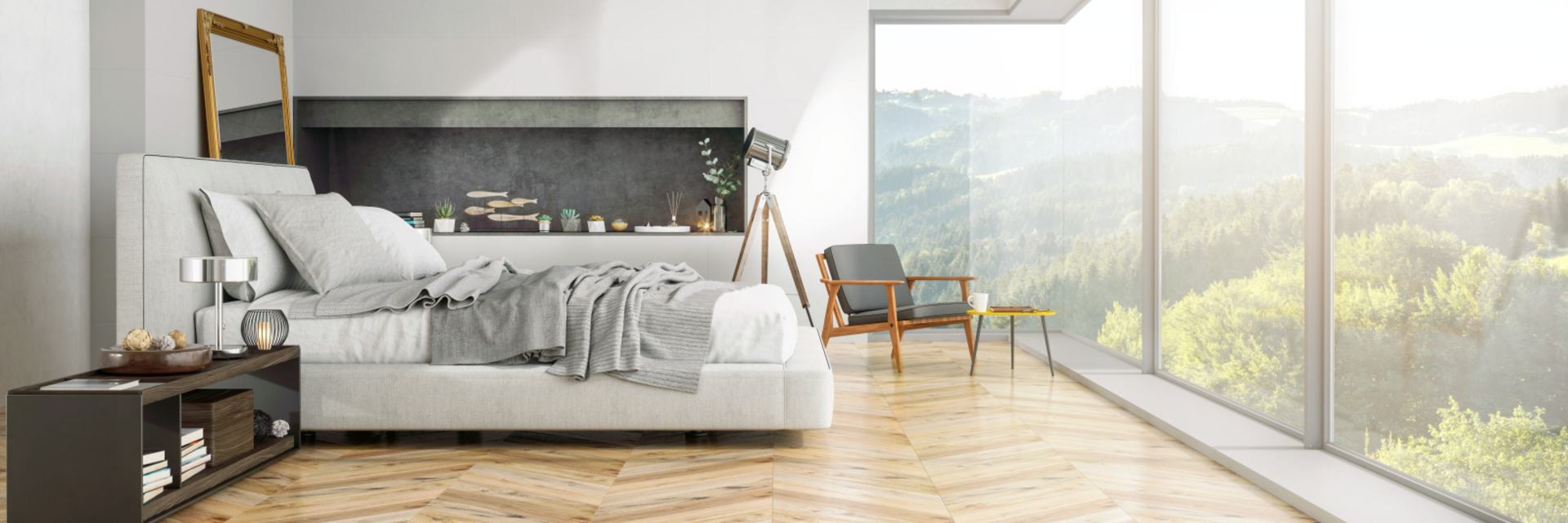 Modern Bedroom interior, with nature view, Comfo Valve Luna, retouching