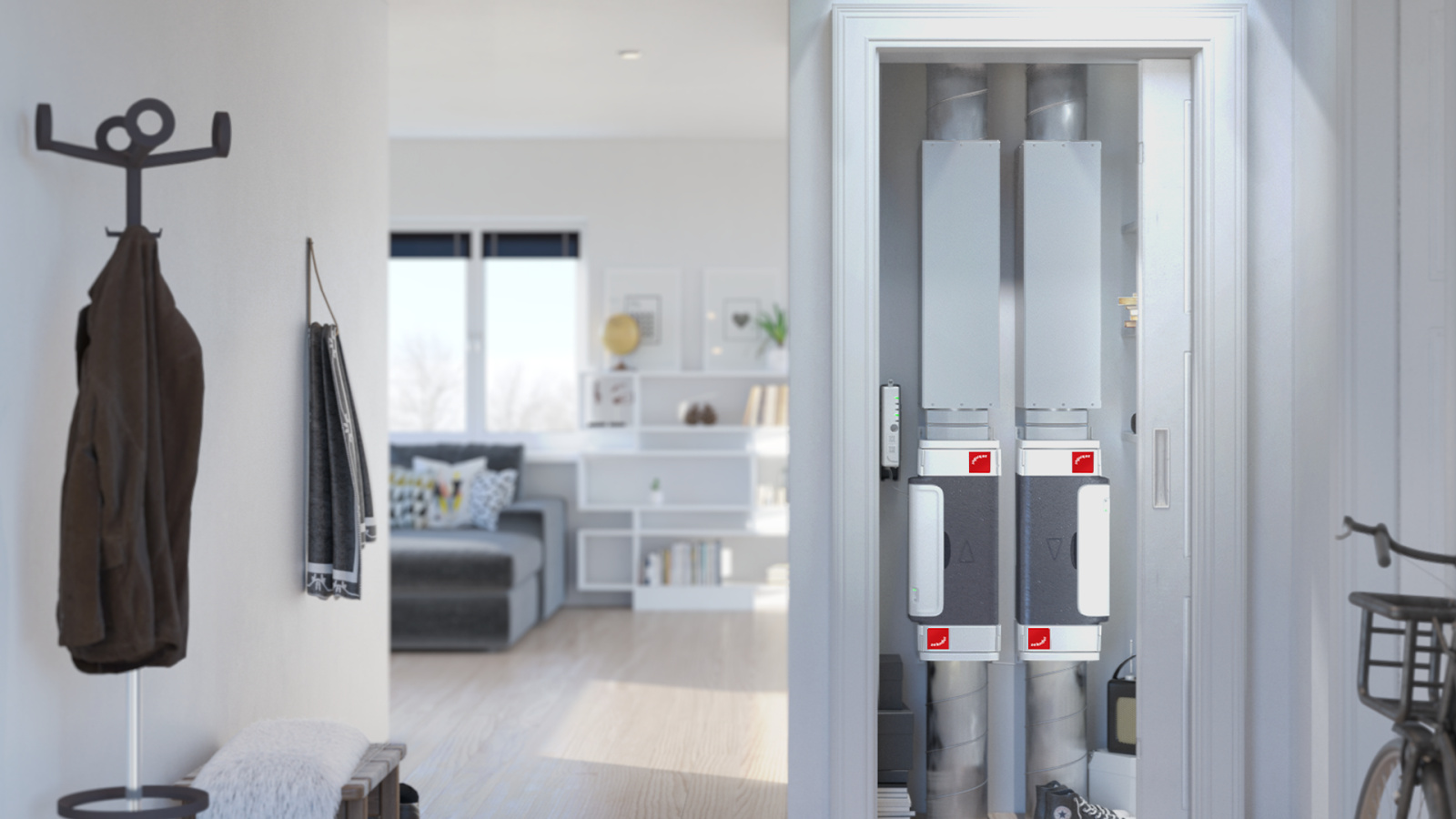 Rendering Zehnder ComfoVar Aero Comfortable indoor ventilation Front view