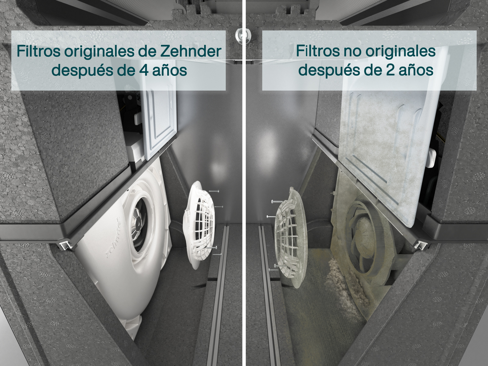 Less Maintenance, Zehnder original filters, clean Comfo Air Q, dirty, dust, cleaning, used, fake filter, non-original, Spanish version, ES,