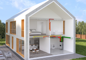 House, graphic, housegraphic, air distribution, In-technical-room, garden, On-Ceiling (with ComfoTube DN90/ ComfoTube FL51), building, system,