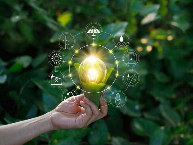 Hand holding light bulb against nature on green leaf with icons energy sources for renewable, sustainable development. Ecology concept. Elements of this image furnished by NASA.