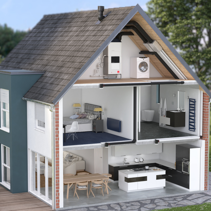 Comfo Air Q and Comfo Clime, Building installation, Visible air distribution, Cut-open building, Exterior, Single-family house,CA Q,