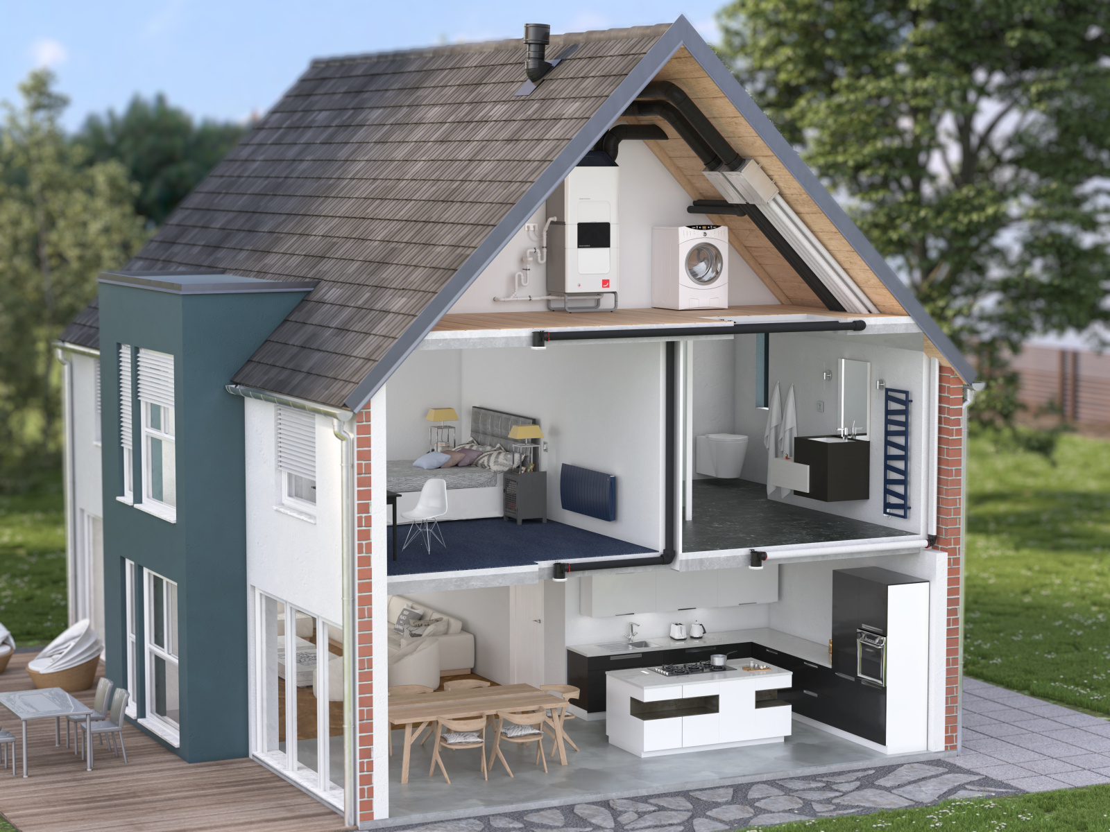 Zehnder_CSY_ComfoClime_SingleFamilyHome_View1 Comfo Air Q and Comfo Clime, Building installation, Visible air distribution, Cut-open building, Exterior, Single-family house,CA Q,