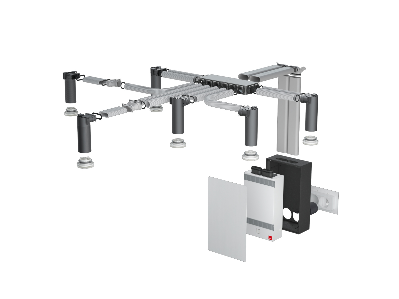 Comfo Air Fit 100, exploded view, system view, air distribution, comfo Valve Luna, Inwall instalation, with mounting box, Design Cover